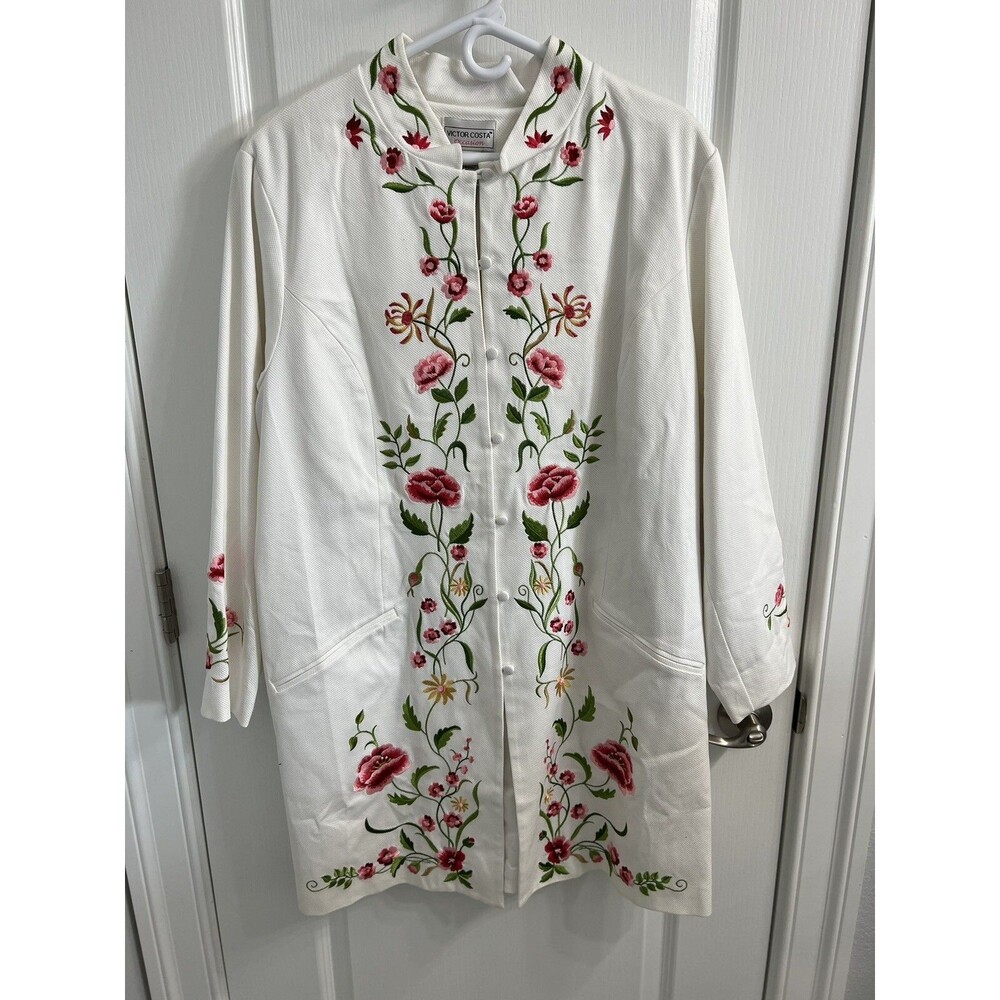 Victor Costa Occasion Jacket 1X White Embroidered Evening Coat Longline QVC